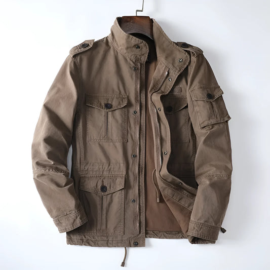 Men's loose-fit cotton zip jacket in retro style showing black, army green, and coffee colour options