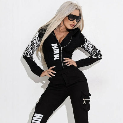 Women's black wings printing zipper hooded street suit with trousers, made from polyester fabric.