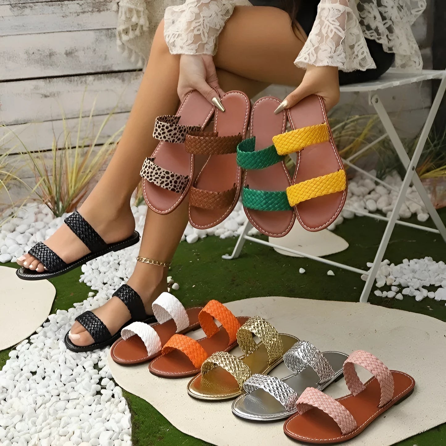 Plus size women's woven beach slipper in synthetic leather, available in multiple colours.