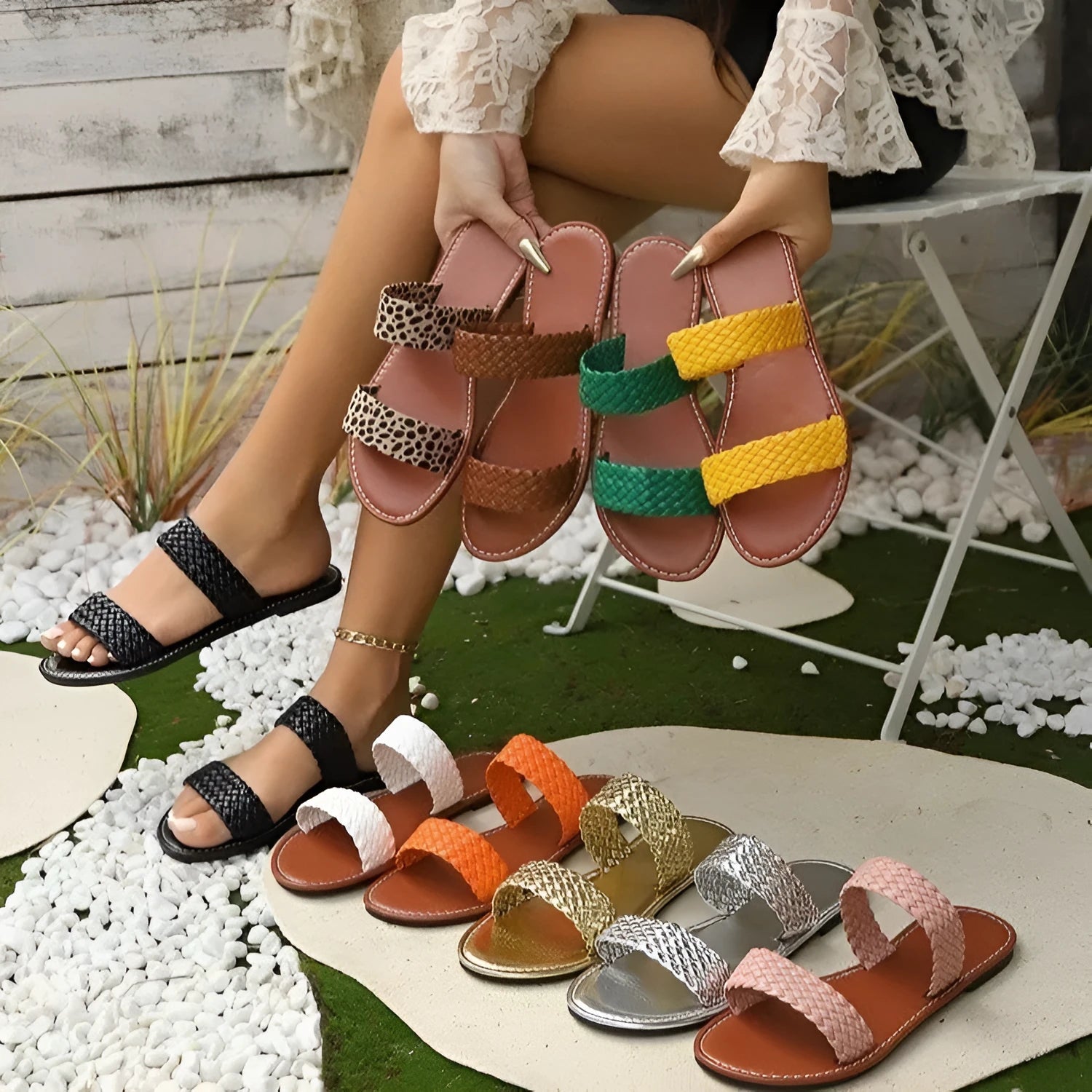 Plus size women's woven beach slipper in synthetic leather, available in multiple colours.