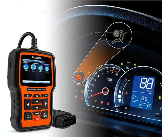 Foxwell NT510 automotive diagnostic tool with orange and black design, large TFT colour screen, and data cable for OBD scanning