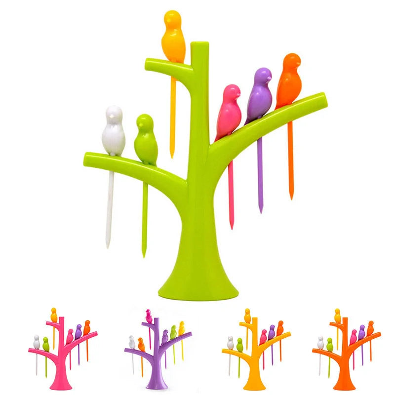 Colorful plastic fruit fork set for kids with tree and birds design