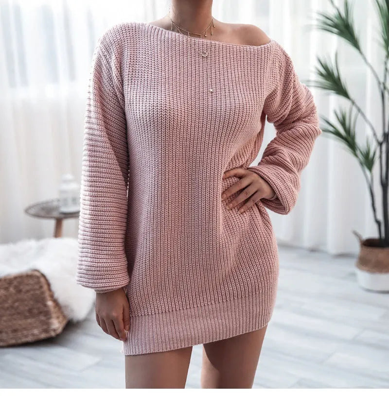 Women's off-shoulder knitted dress with lantern sleeves in soft acrylic fabric in wine red colour