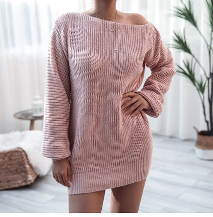 Women's off-shoulder knitted dress with lantern sleeves in soft acrylic fabric in wine red colour