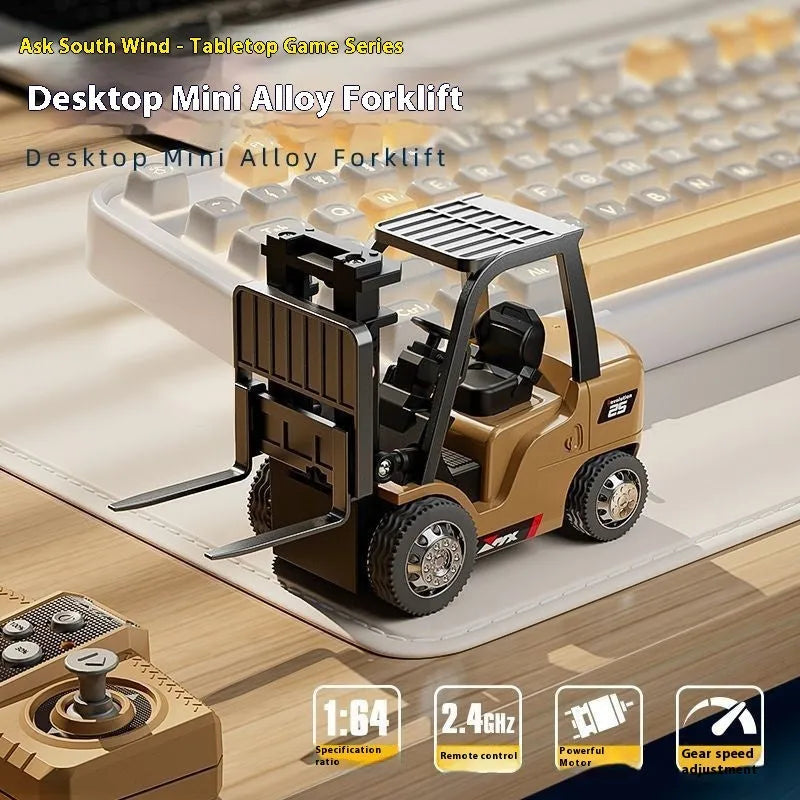 Mini alloy forklift remote control toy car in 1:64 scale with dual-mode Bluetooth control, electric motor, cargo hook, cargo forks, pallet, and instruction manual for youth aged 15-35 years old