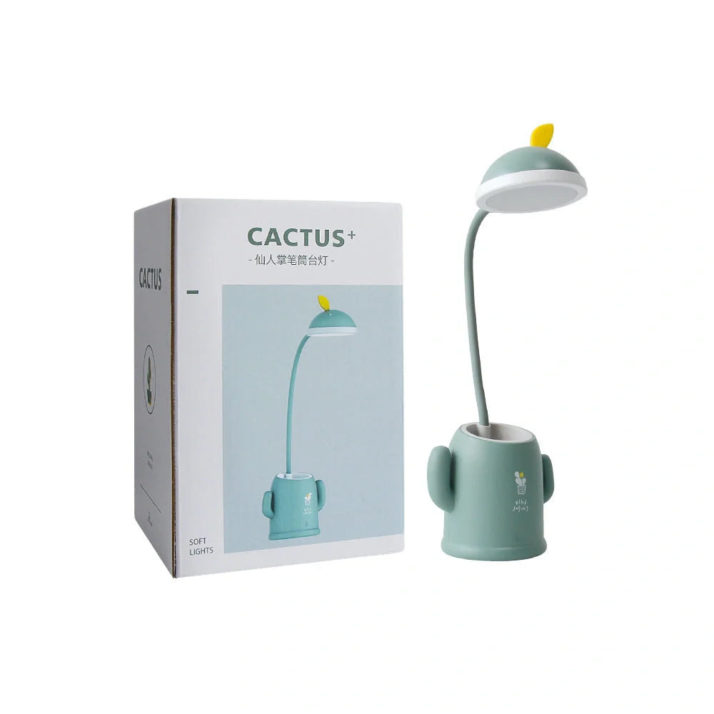 Cactus-shaped table lamp with pen holder and USB cable, available in green, pink, and grey