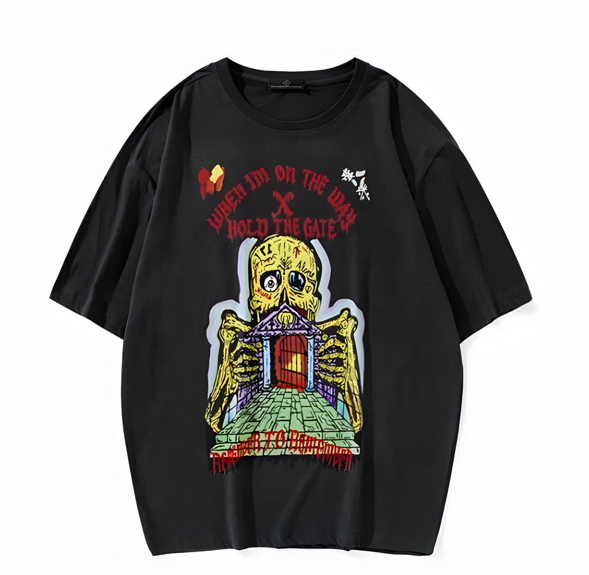 Men's frayed printed short sleeve cotton top in dark grey, loose round neck design, sizes M L XL
