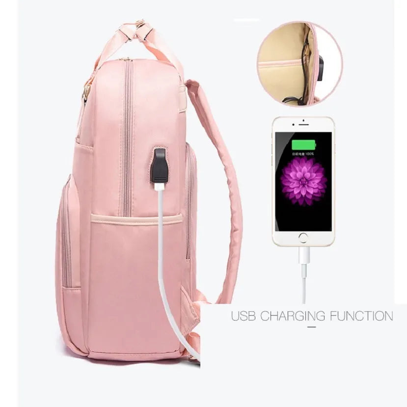 Oxford cloth shoulder fashion backpack, medium 20-35L, 15.6 inch size option, black or pink, multi-pocket interior