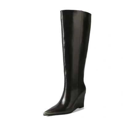 Black cowhide wedge boots with pointed toes and 6-8cm heels, high cylinder design