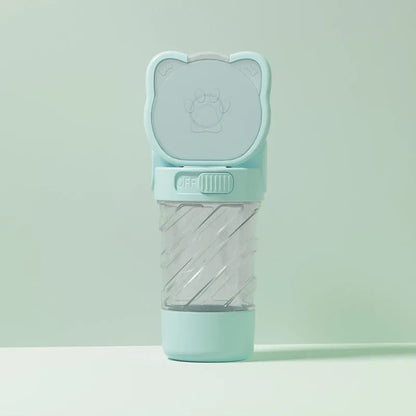 Green 3-in-1 pet water bottle showing water dispenser, food container, and waste bag compartment