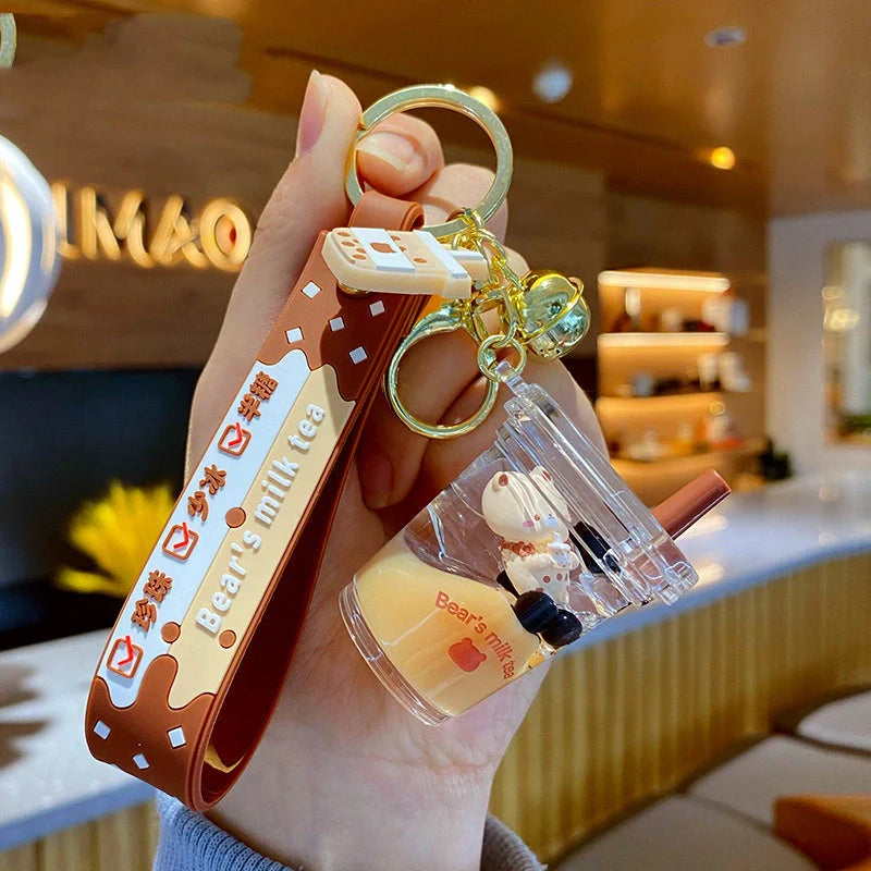 Women's trendy schoolbag pendant keychain with oil-infused pearl milk tea bear designs