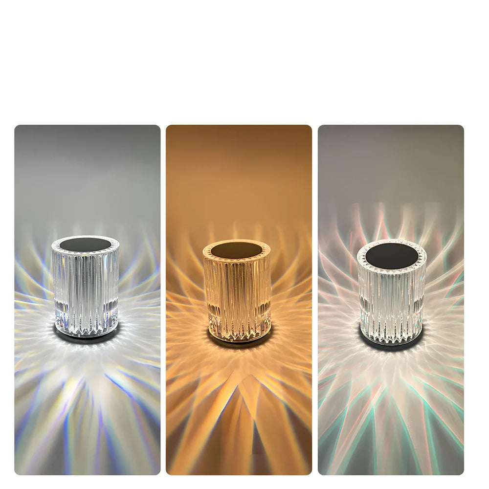 Crystal lamp with acrylic lines showing RGB lighting options on 9cm by 13cm base