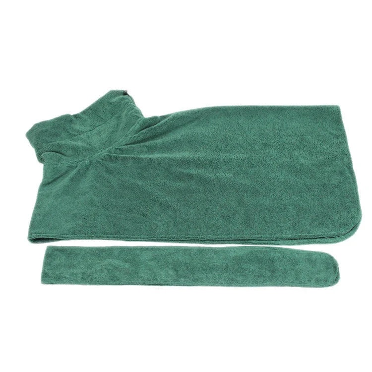 Absorbent dog bathrobe made of soft microfiber material with adjustable waist strap for a custom fit