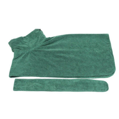 Absorbent dog bathrobe made of soft microfiber material with adjustable waist strap for a custom fit