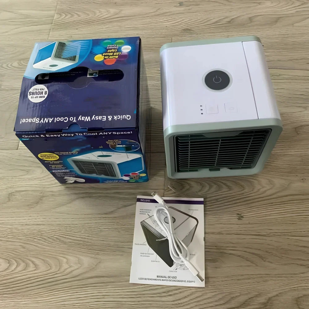 Desktop air conditioner fan with USB cable and water tank showing 7-colour LED lighting and mechanical control dial