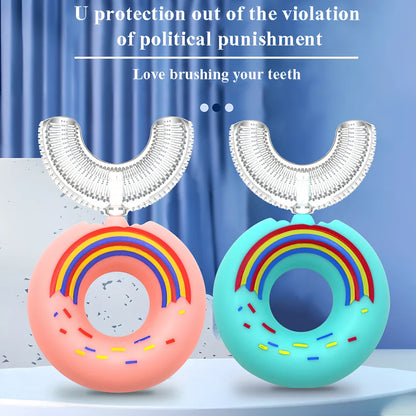 U-shaped children's toothbrush 9.5x4.5cm pink blue white donut colours soft bristles