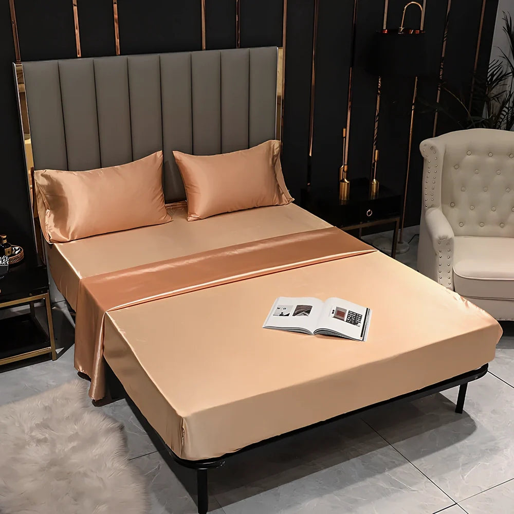 Artificial silk fitted bed sheet with elastic band in black, camel, red, sapphire or violet colours