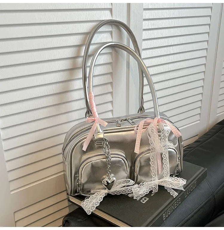Soft PU casual shoulder bag in horizontal square shape with double straps and phone pocket