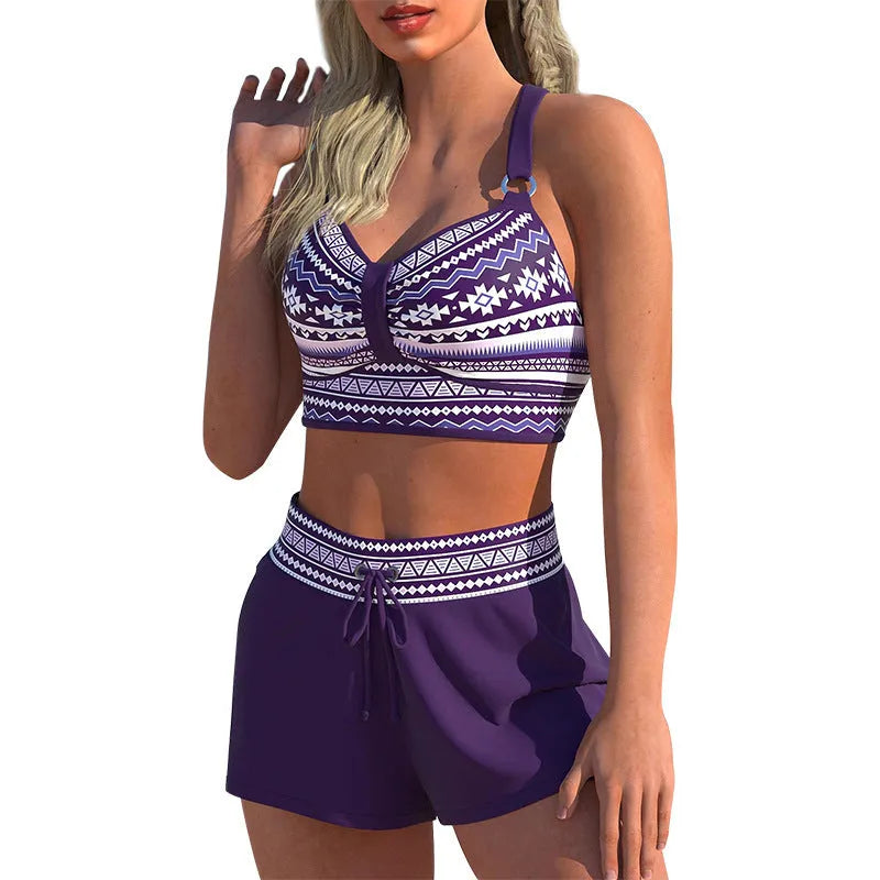 Women's two-piece swimsuit in polyester with bikini design in navy blue or print colours