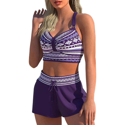 Women's two-piece swimsuit in polyester with bikini design in navy blue or print colours