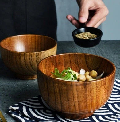 Japanese Style Wooden Bowl Set in three sizes for rice, soup, and salads