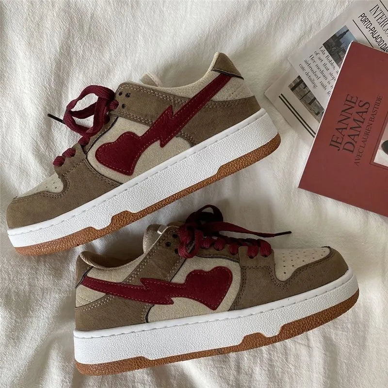 Women's brown artificial PU bread sneakers with mid muffin heel, round toe, low top and front lace-up, sizes 35-40.