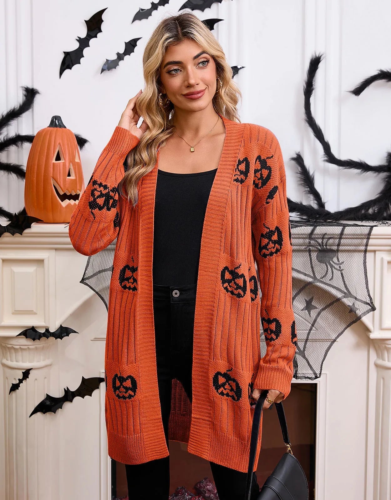 Women's black pumpkin head jacquard knitted cardigan with regular sleeves and straight cut