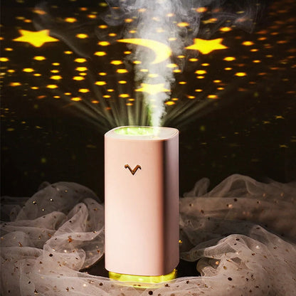 Blue aromatherapy projection humidifier measuring 7.5cm square with water tank and control buttons