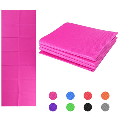 Blue folding yoga mat showing zipper system and handles with 173cm length measurement