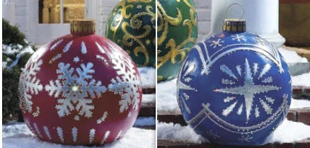 Vibrant, inflatable Christmas ornaments in various holiday designs for outdoor decoration