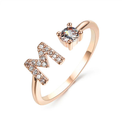 Personalized Initial Letter Adjustable Ring made of copper alloy and zircon, showcasing a vintage-inspired design
