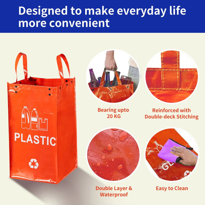 Handbag-style 40-litre garbage bin in blue, showing sorting compartments and 30x50x30cm dimensions