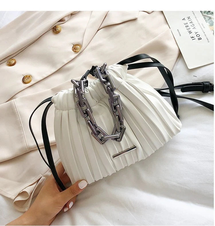 Korean-style women's PU bucket bag with acrylic chain in various colors