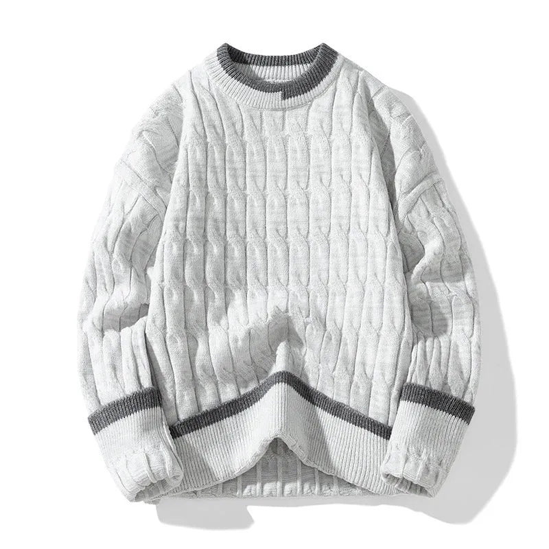 Men's loose fit modal acrylic pullover sweater in light blue on hanger