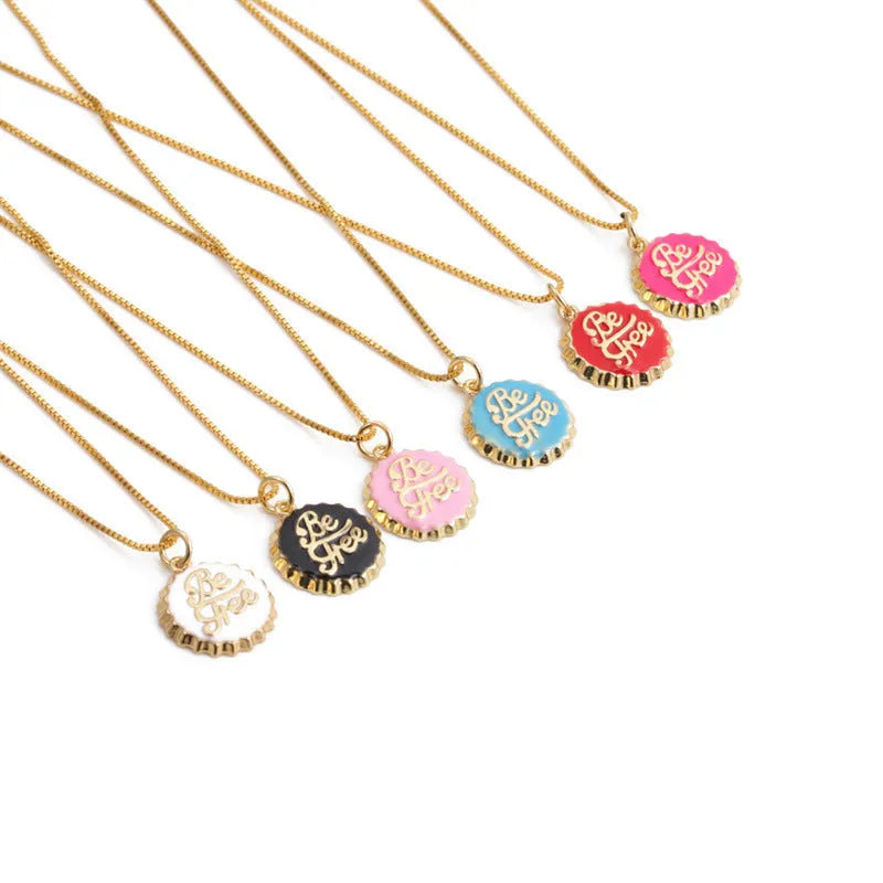 Copper bottle cap pendant necklace with 18K gold plating on a 40cm box chain in various colours