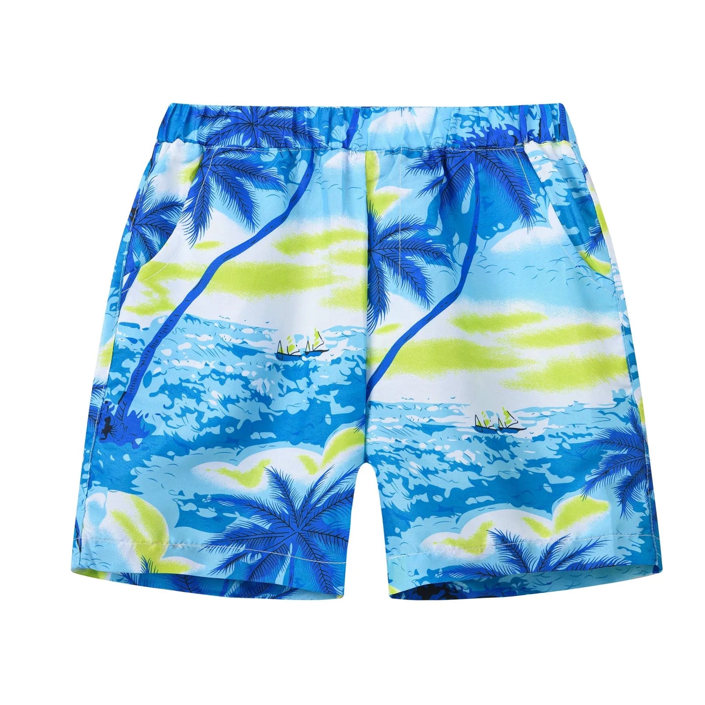 Colourful printed beach shorts with elastic waistband showing tropical patterns including coconut trees and pineapples