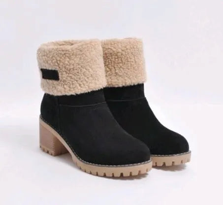 Mid-tube thick heel suede snow boots in black with beef tendon sole and waterproof platform.