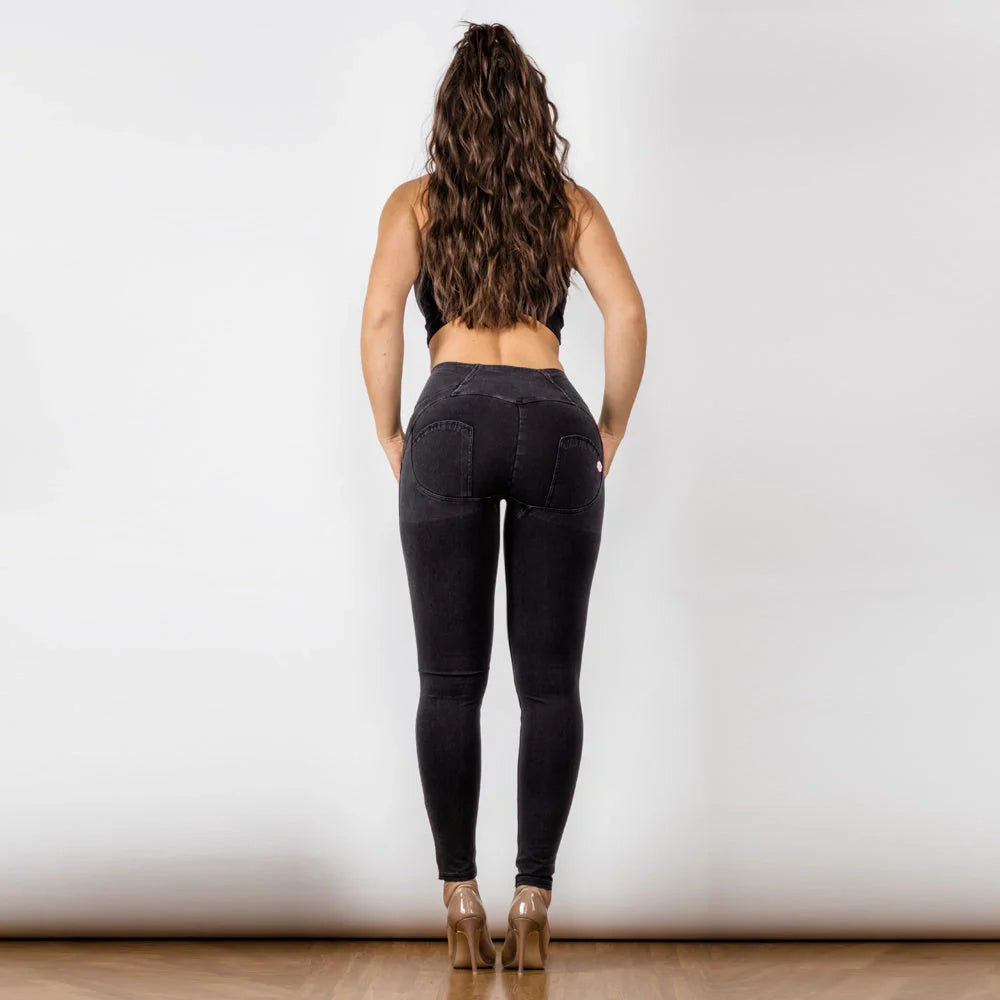 Black women's high waist button-up jeans with super elastic fabric