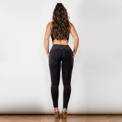 Black women's high waist button-up jeans with super elastic fabric