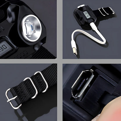 LED wrist watch tactical flashlight with adjustable nylon strap showing time display and illumination functions
