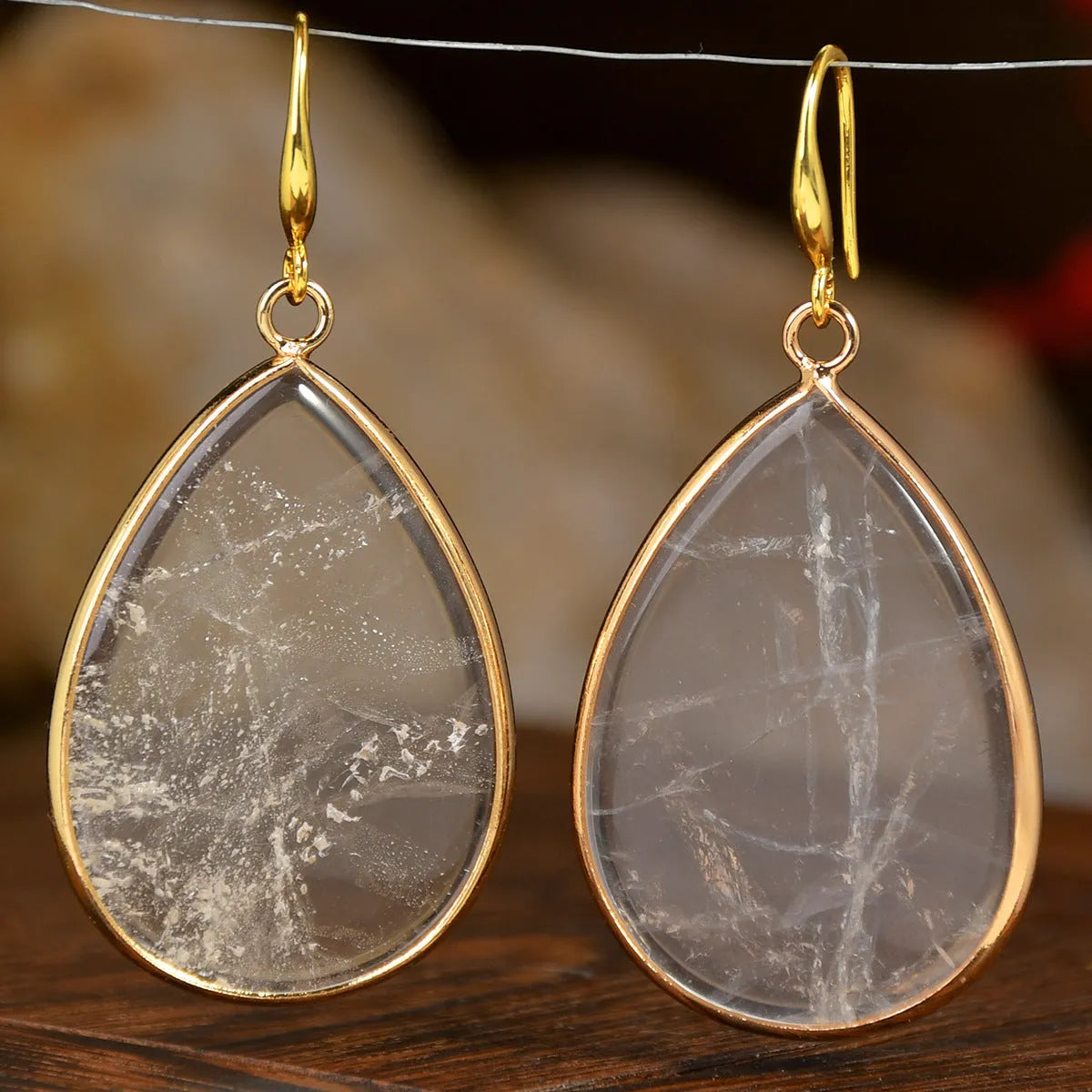 Women's retro natural stone drop earrings showing amethyst and green aventurine colour options on electroplated settings.