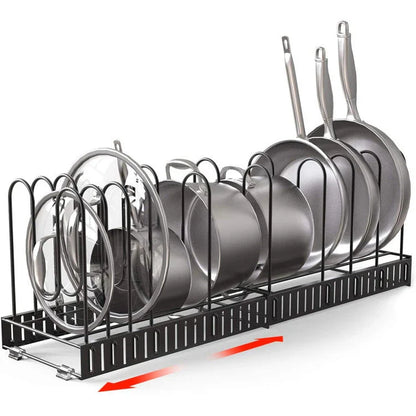 8-Tier Iron Pot Organizer Rack with Adjustable Shelves for Pots, Pans, and Lids in Black Finish