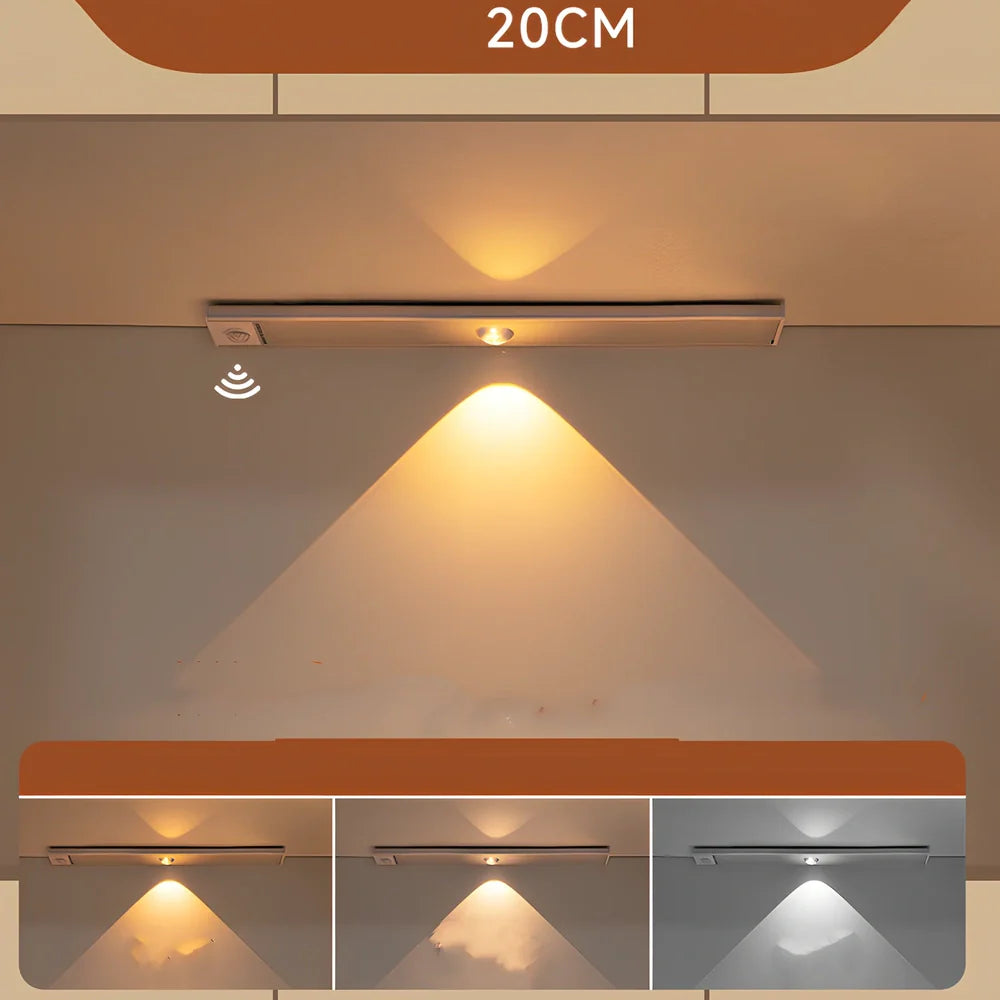 Silver LED inductive light strip, 40cm length, attached to shoe cabinet shelf with 3M adhesive