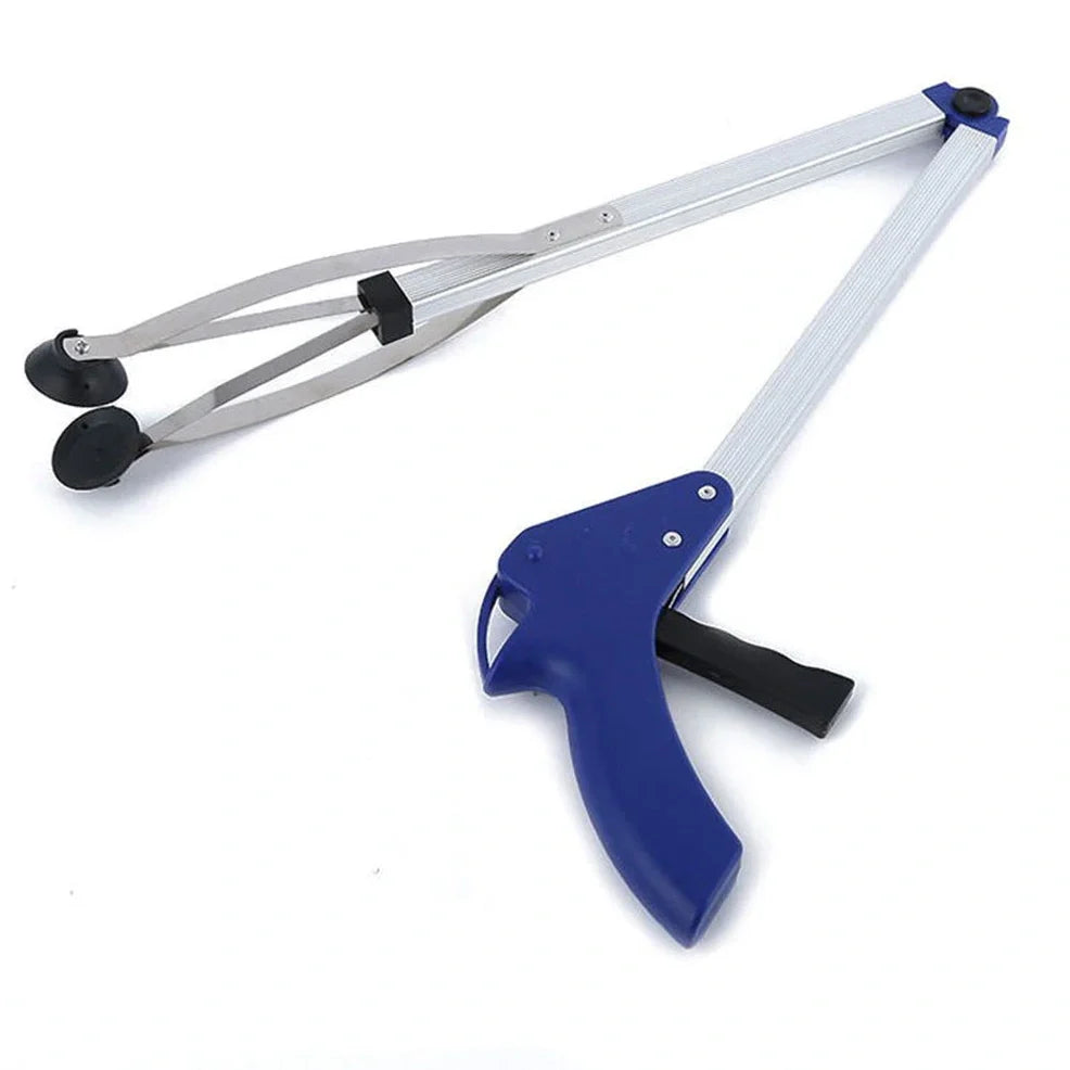 Blue aluminium folding grabber tool extended to 81cm with 8cm jaw opening showing rubber chuck
