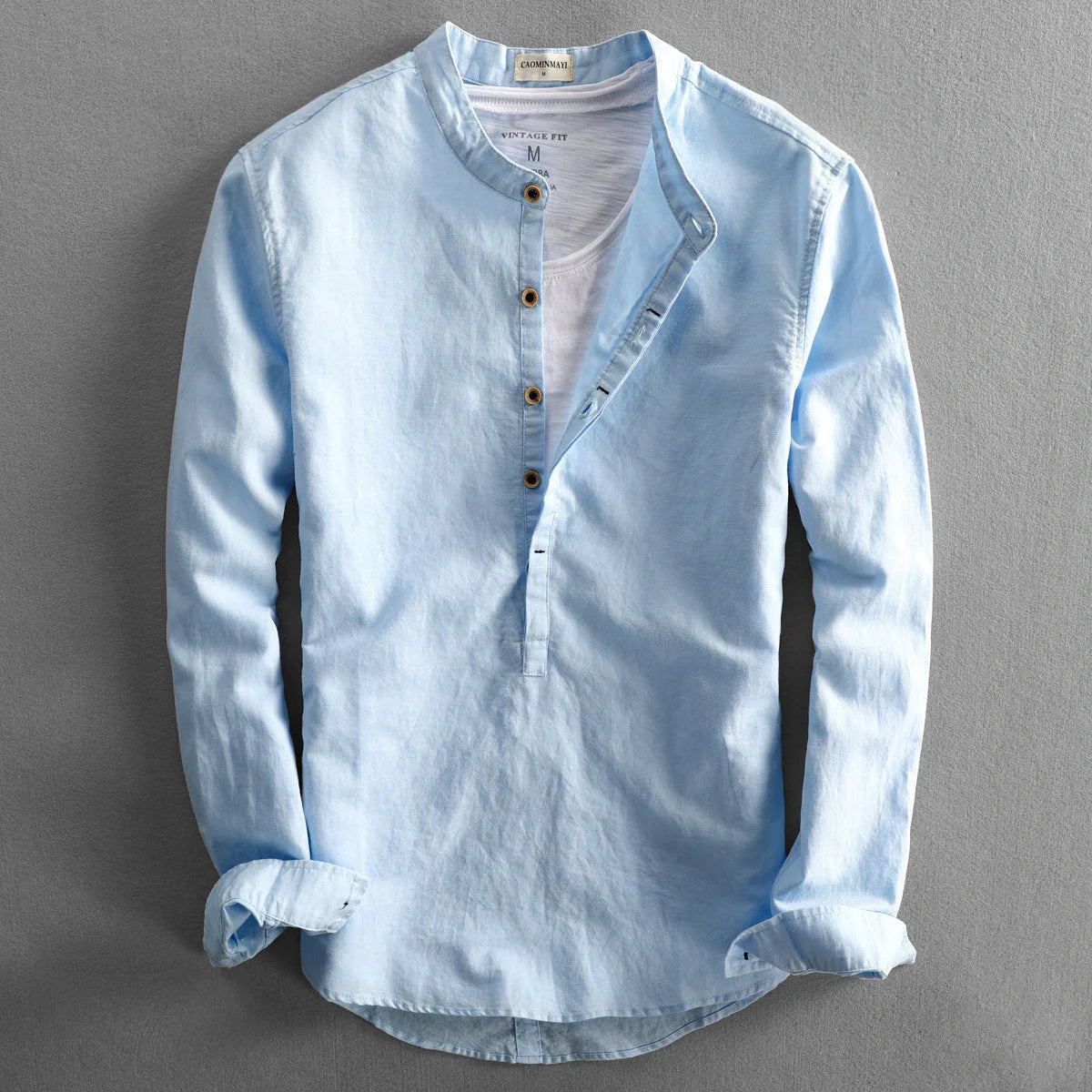 Men's casual linen shirt with long sleeves and loose fit in light gray, light blue, white, and dark blue