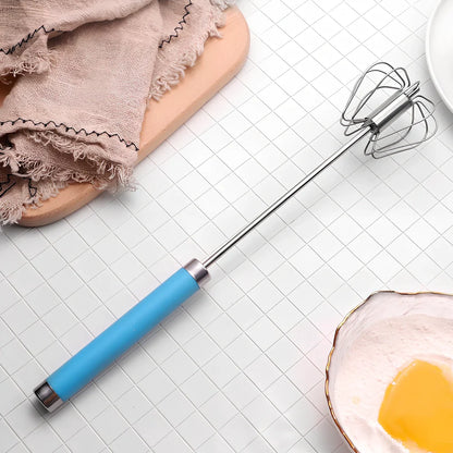 Self-spinning whisk with straight stainless steel design and black handle in multiple colours