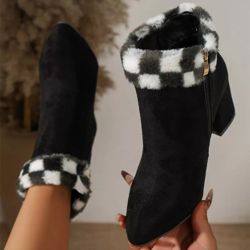Women's plaid print plush ankle boots with square heel and fur insole