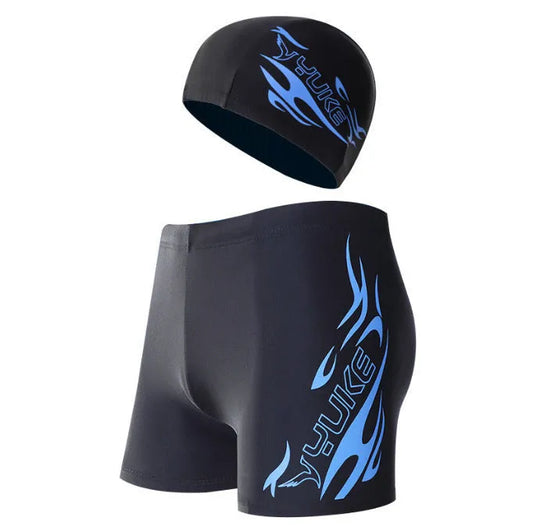 Men's plus-size swimming trunks with fire pattern design in boxer brief style for weights 45kg to 100kg