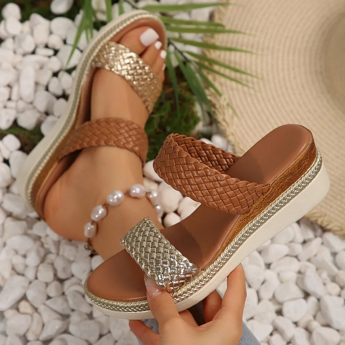 Women's gold and silver plus size wedge sandals with rubber soles on size chart