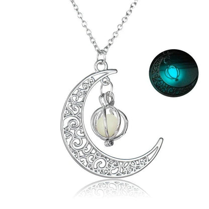 Luminous moon-shaped pendant necklace in various colors, glowing in the dark and emitting a soft, enchanting light